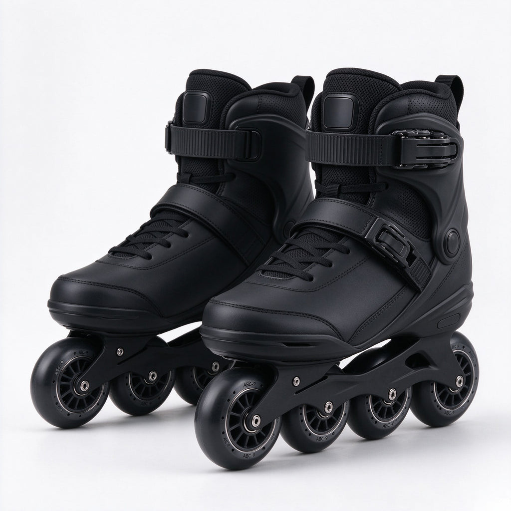 Matte black skates standing on a dark studio floor