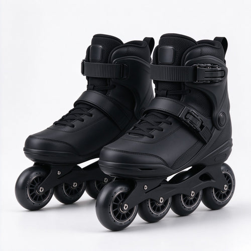 Matte black skates standing on a dark studio floor