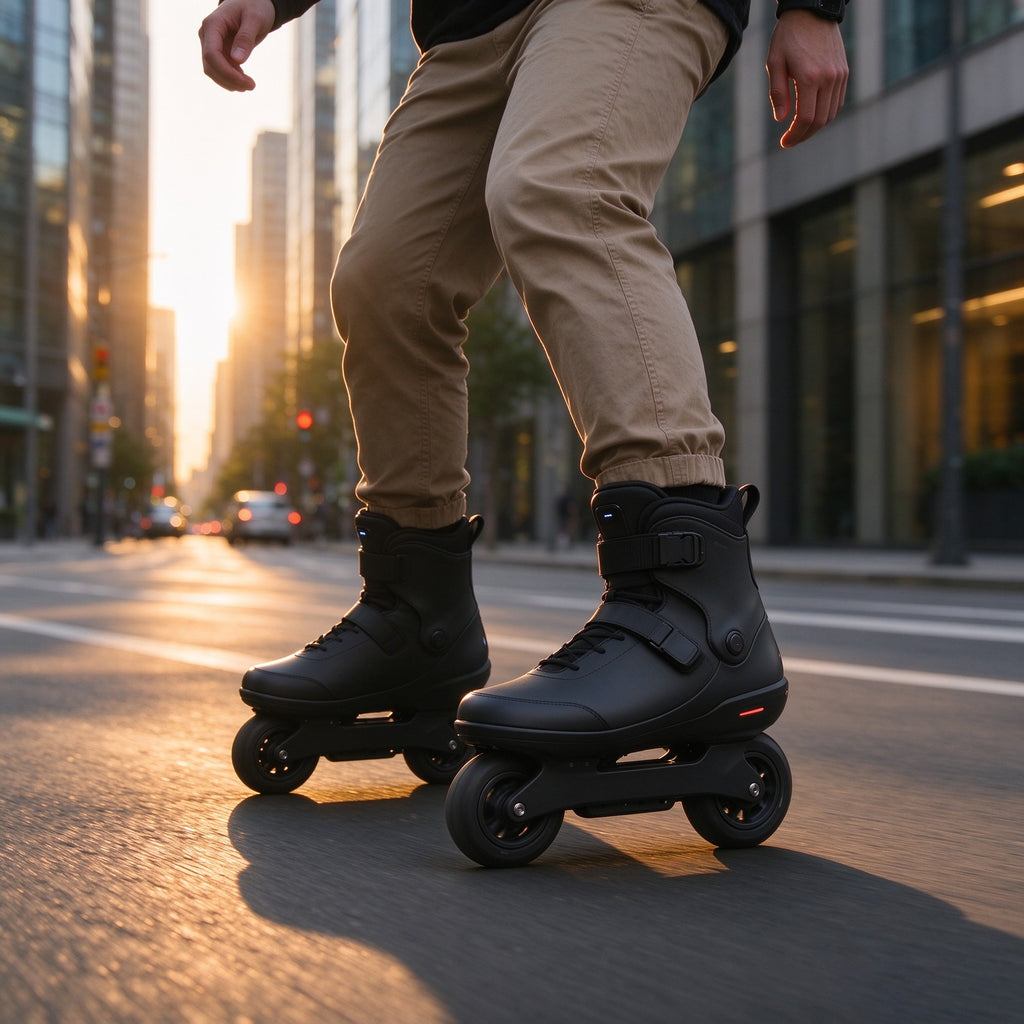Commuter skating a downtown street at golden hour