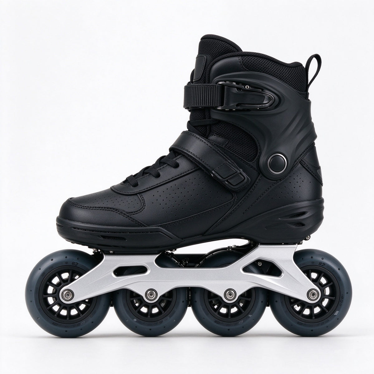 Black electric inline skates with aluminium frame, side view