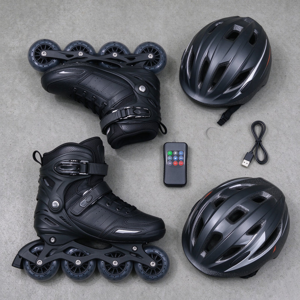 Flat-lay of skates with helmet, remote and charging cable