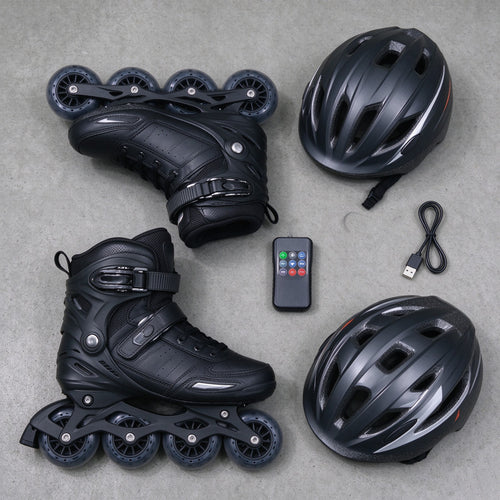 Flat-lay of skates with helmet, remote and charging cable