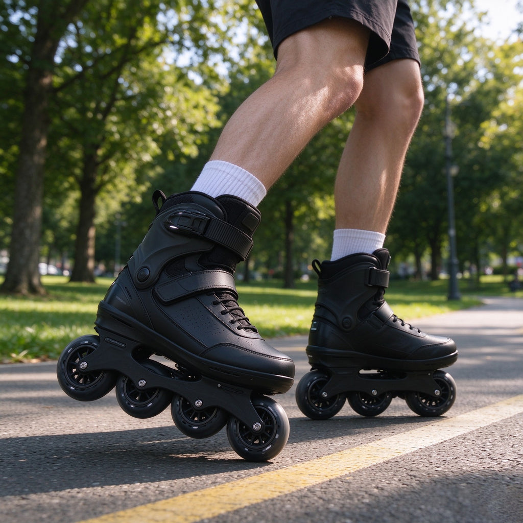 Rider skating an asphalt path in the park