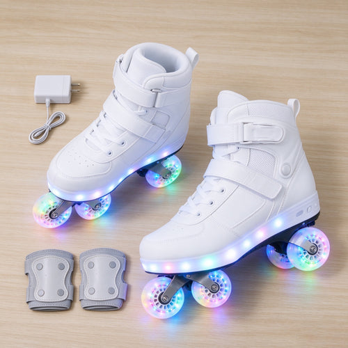 Flat-lay of skates with charger and knee pads on a wooden floor