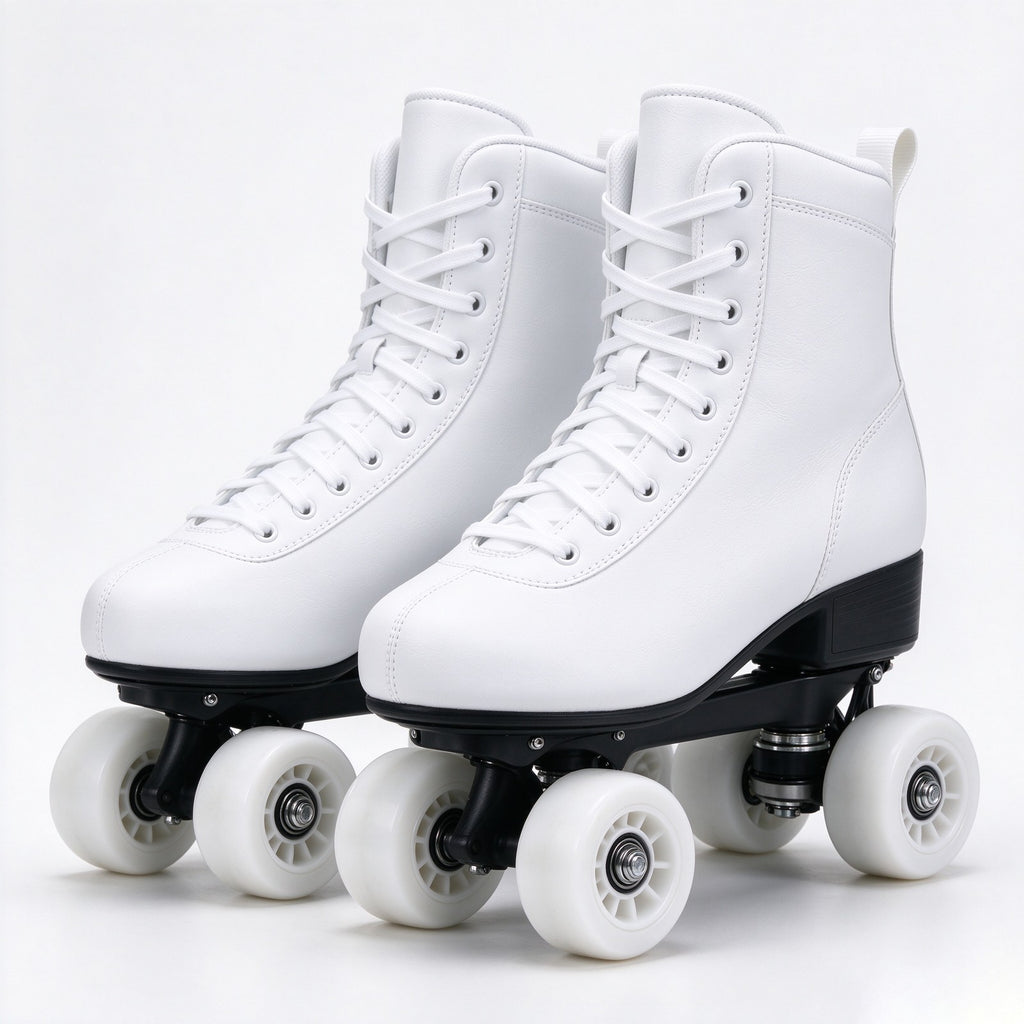 Pair of white quad skates on a plain studio background
