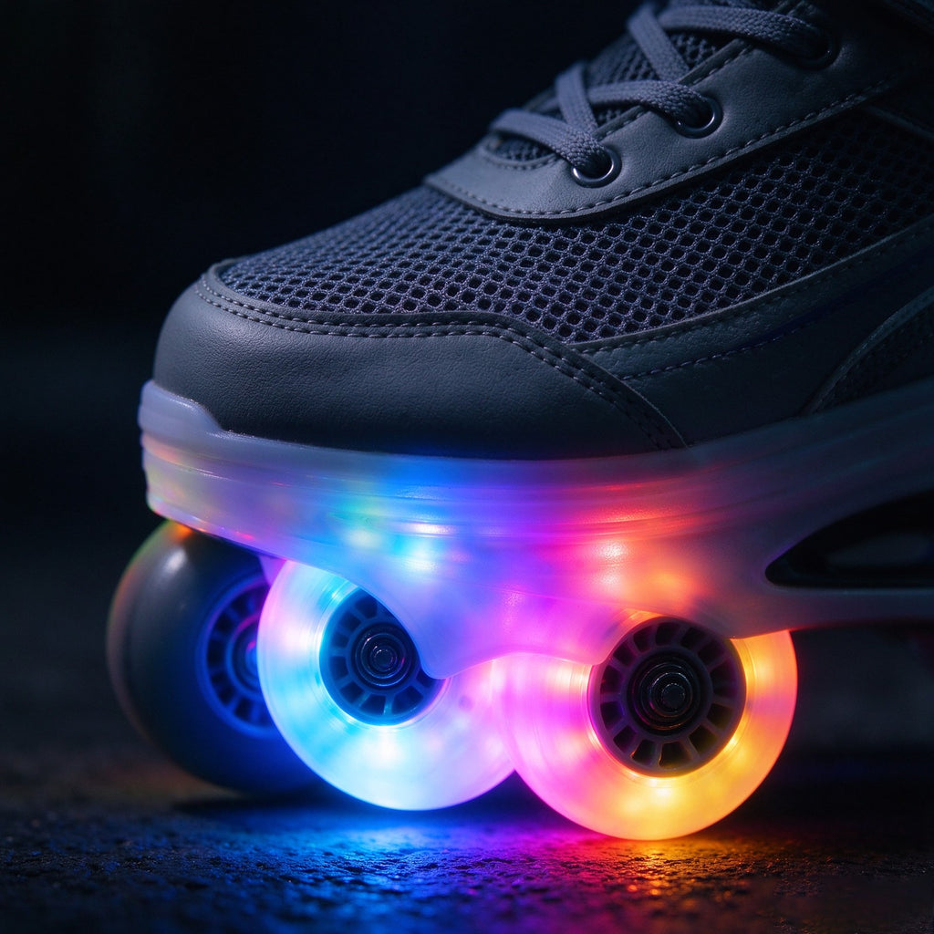 Black sneaker-style skates with rainbow LED wheels at dusk