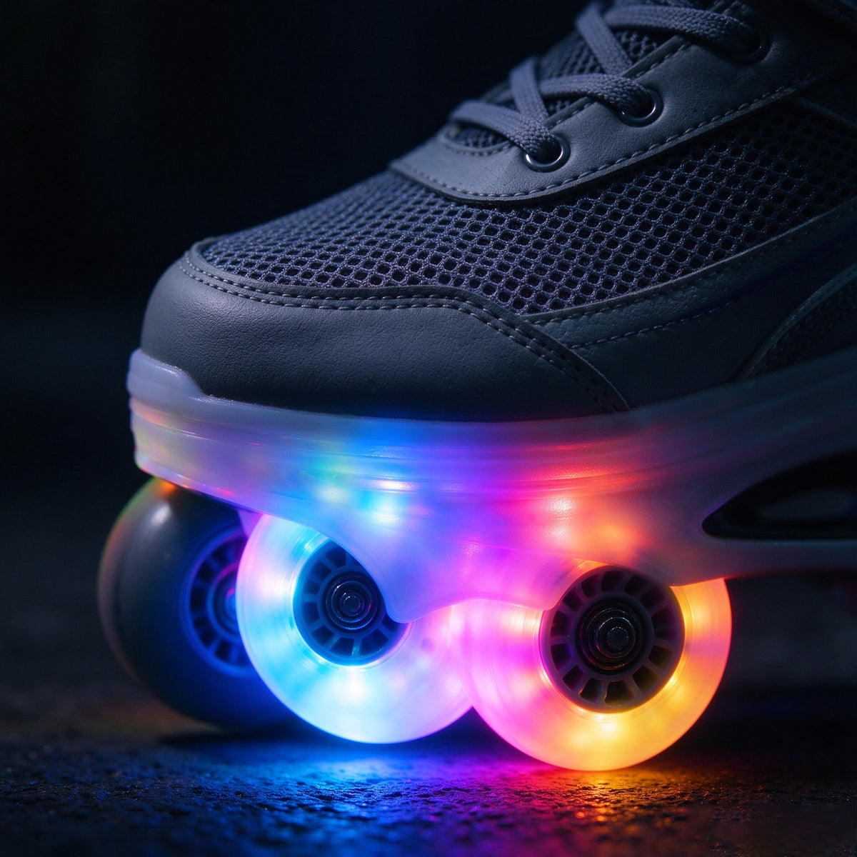 Black sneaker-style skates with rainbow LED wheels at dusk