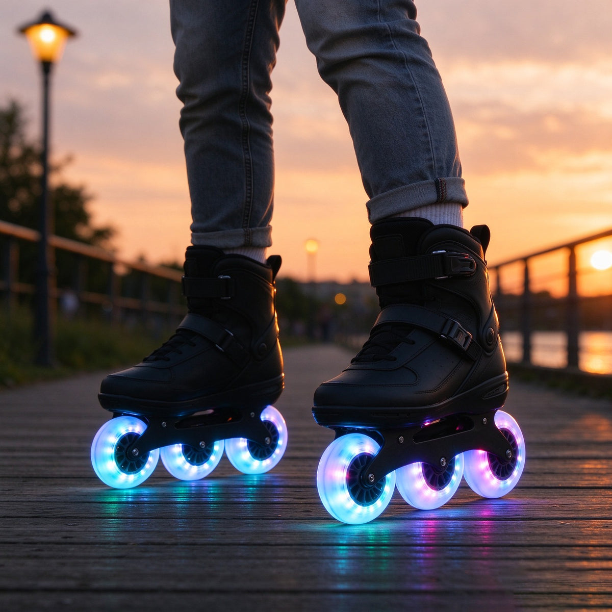 Riders on a waterfront path at sunset with lit wheels