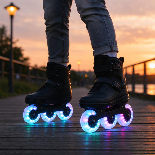 Riders on a waterfront path at sunset with lit wheels