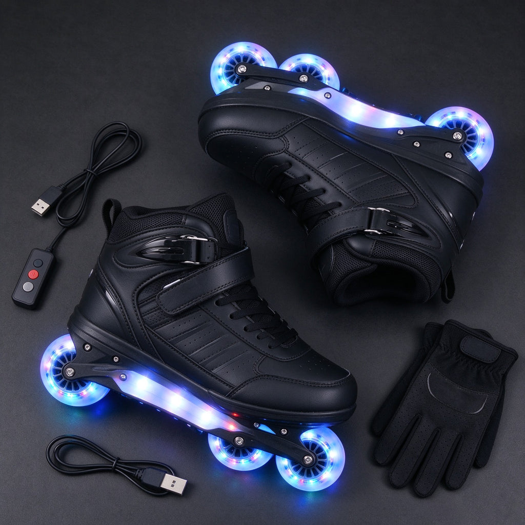 Flat-lay of skates with remote, glove and charging lead