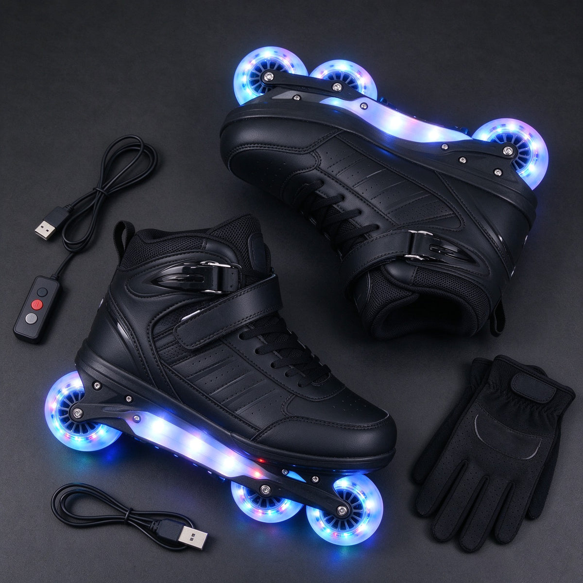 Flat-lay of skates with remote, glove and charging lead
