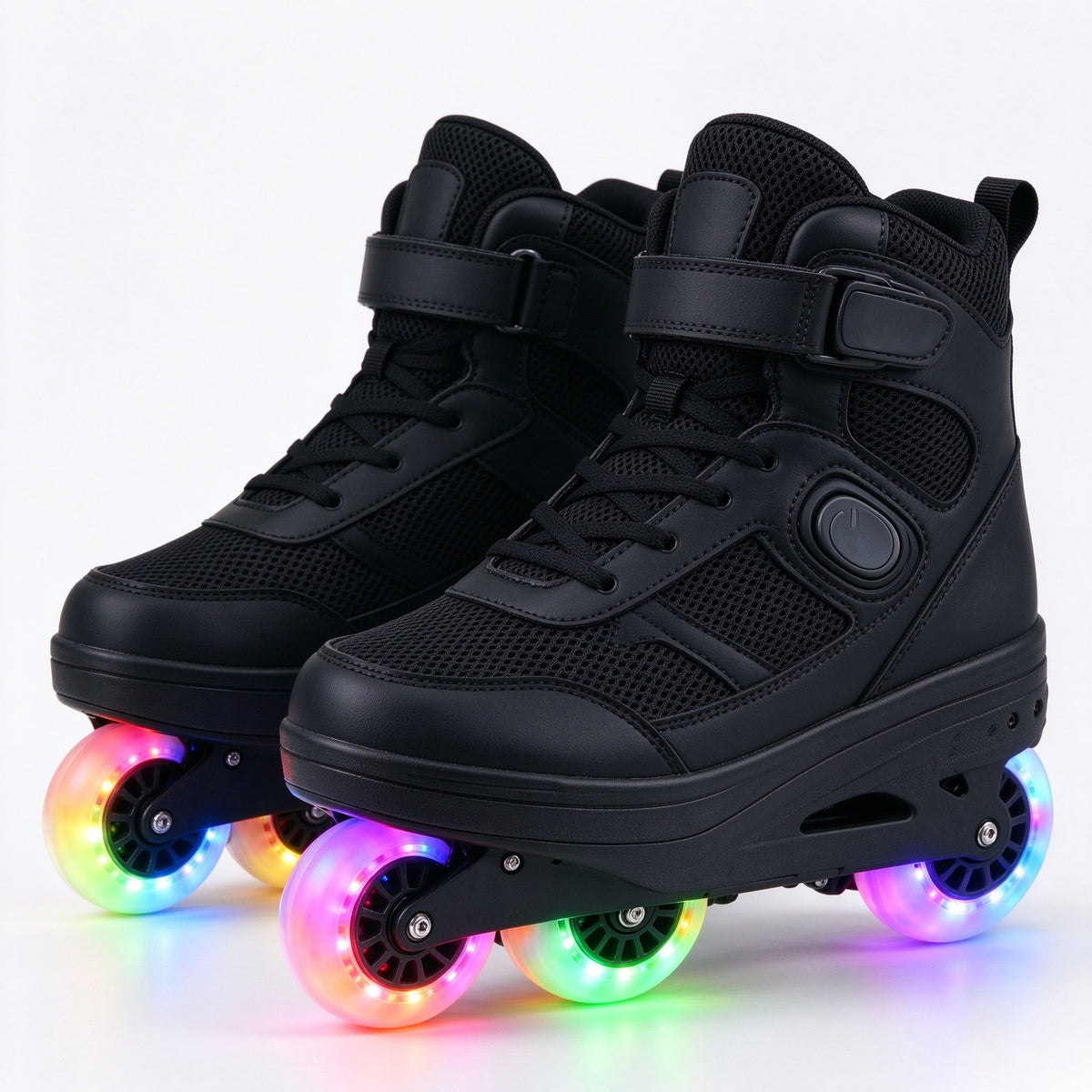 Close-up of grey knit upper over a light-up wheel