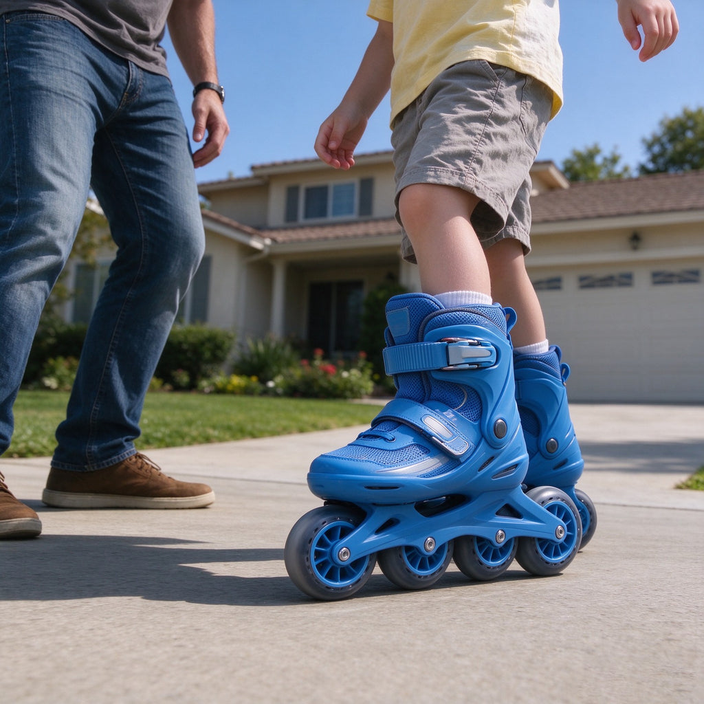 Child skating on a driveway in blue size-adjustable skates