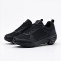Pair of black knit sneakers with heel wheel and USB-C port