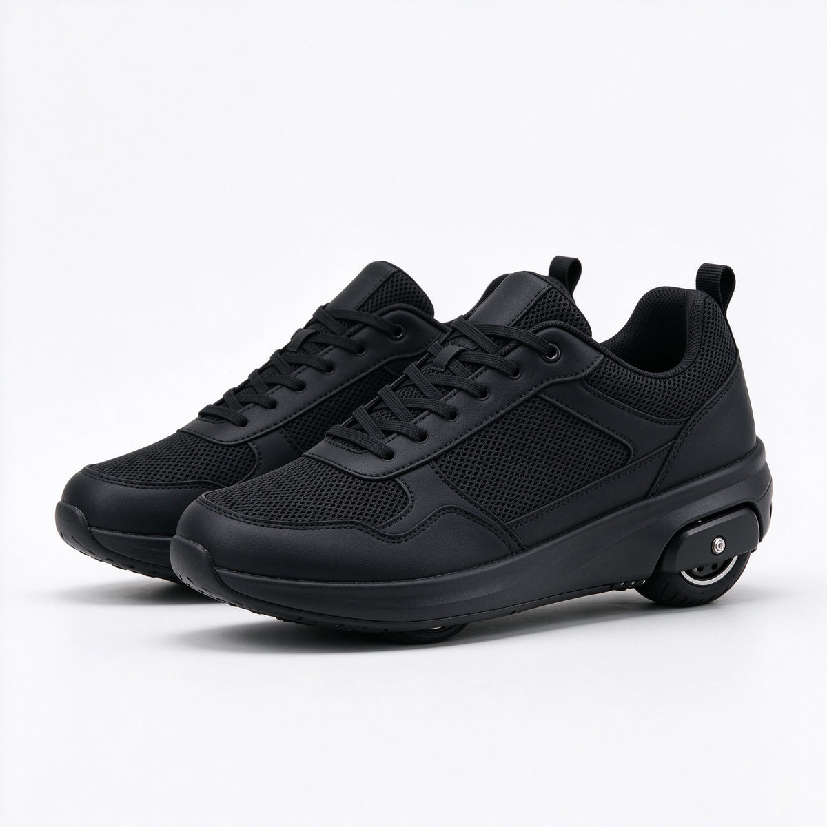 Pair of black knit sneakers with heel wheel and USB-C port