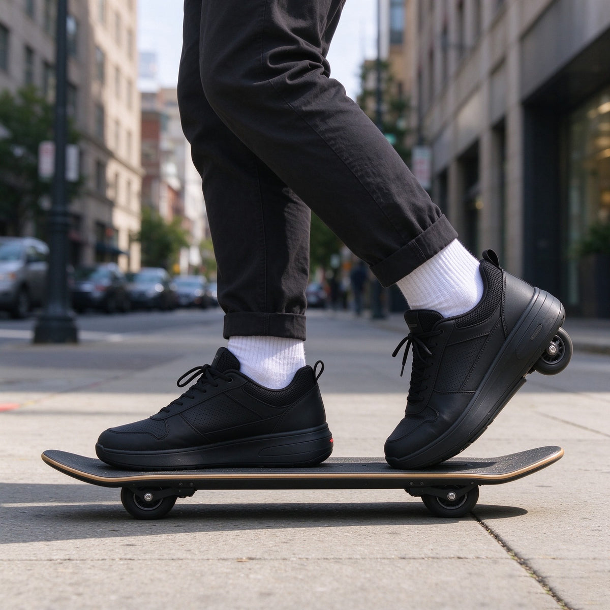 Rider stepping onto a skateboard in the sneakers