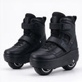 Black self-balancing hover skates with rubber tyres, pair standing