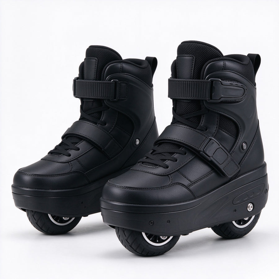 Black self-balancing hover skates with rubber tyres, pair standing