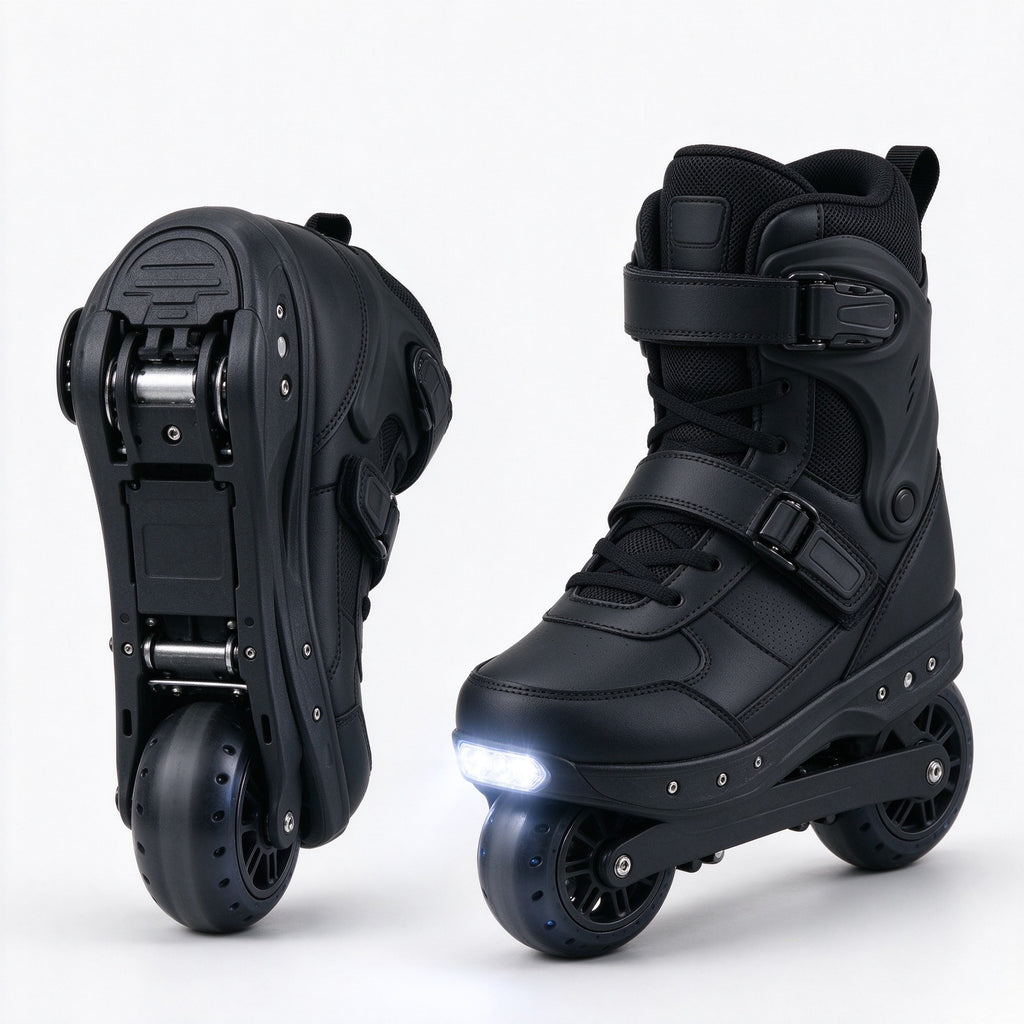 Black foldable electric skates shown folded and unfolded