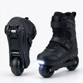 Black foldable electric skates shown folded and unfolded