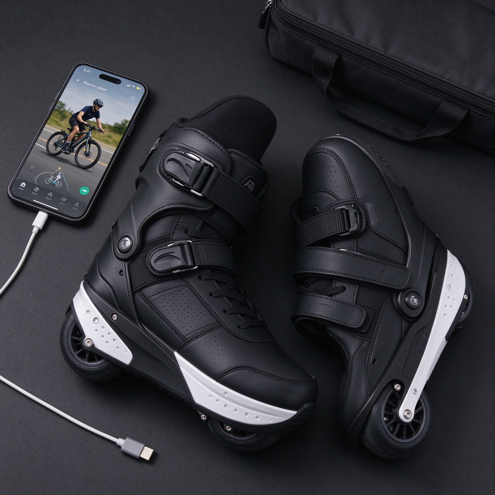 Skates on a desk with phone app and USB-C cable