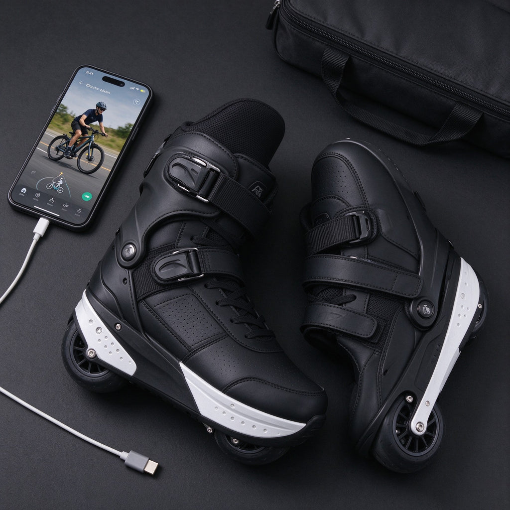 Skates on a desk with phone app and USB-C cable